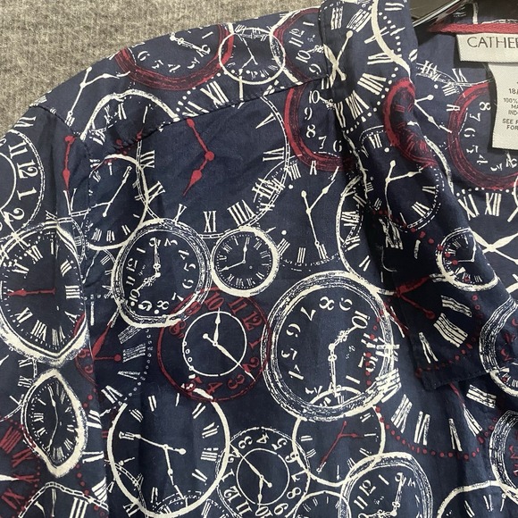 Catherines Top Women 1X Blue Clock Print Novely Button Roll Tab Blouse‎ Office - Picture 3 of 9
